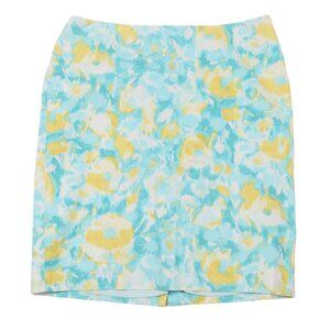 Talbots Petites 12P Aqua & Yellow Abstract Print Cotton Blend Skirt Lined